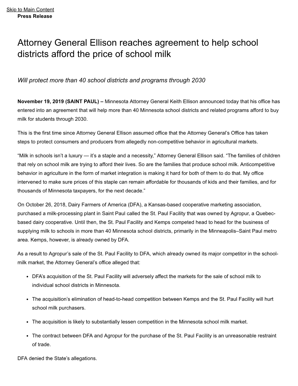 Attorney General Ellison Reaches Agreement to Help School Districts Afford the Price of School Milk