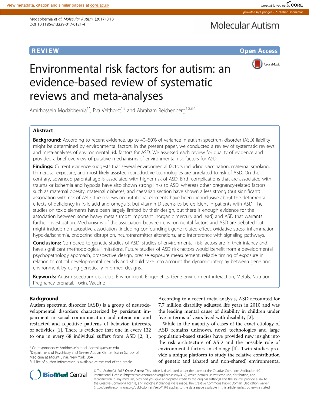 Environmental Risk Factors for Autism