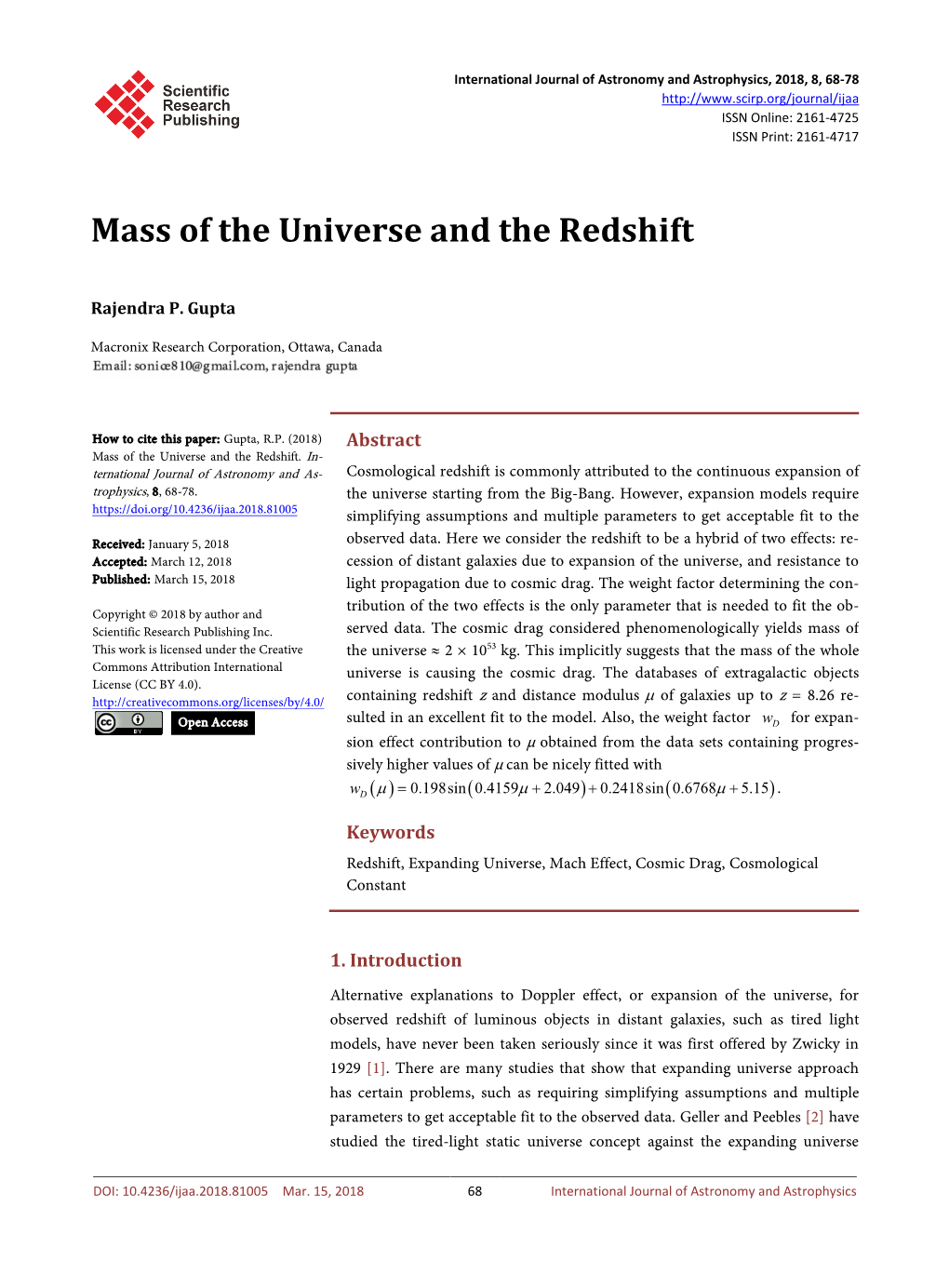 Mass of the Universe and the Redshift