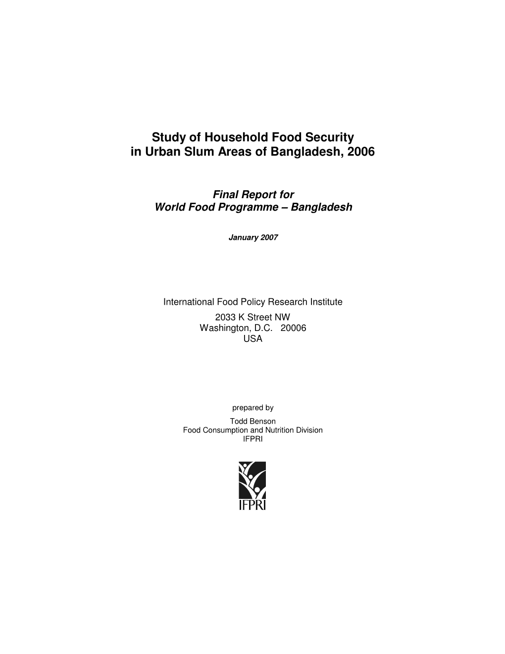 Study of Household Food Security in Urban Slum Areas of Bangladesh, 2006