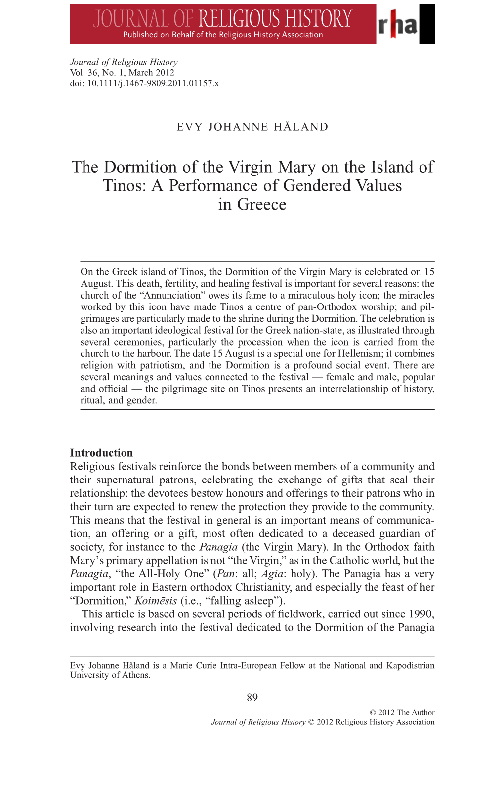 The Dormition of the Virgin Mary on the Island of Tinos: a Performance of Gendered Values in Greece