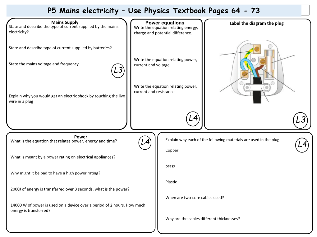 P5 Mains Electricity – Use Physics Textbook Pages 64 - 73