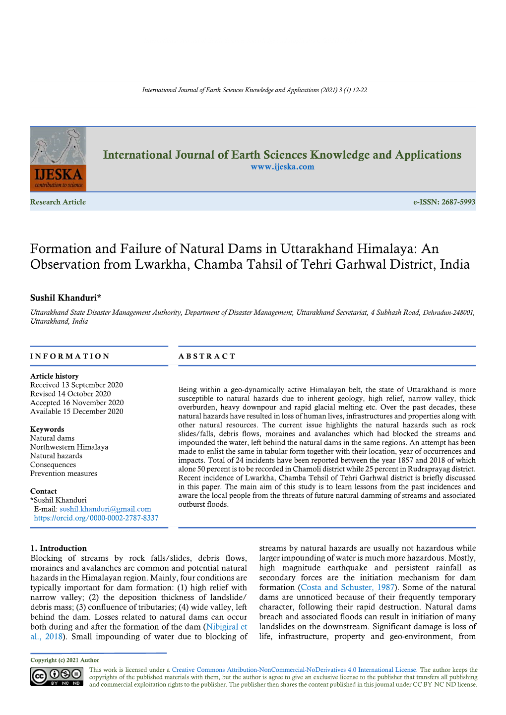 Formation and Failure of Natural Dams in Uttarakhand Himalaya: an Observation from Lwarkha, Chamba Tahsil of Tehri Garhwal District, India