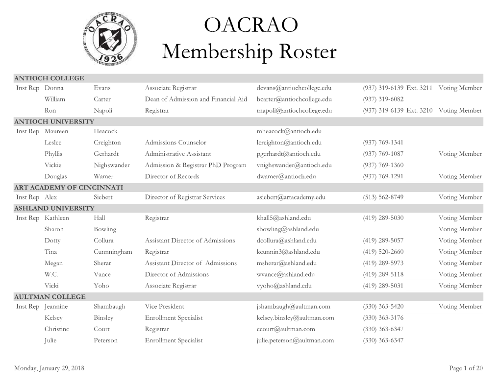 OACRAO Membership Roster