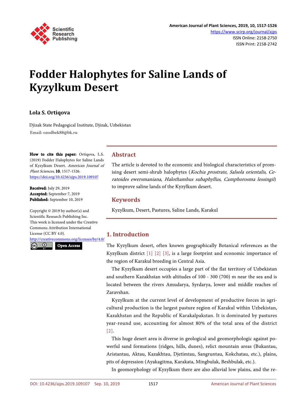 Fodder Halophytes for Saline Lands of Kyzylkum Desert