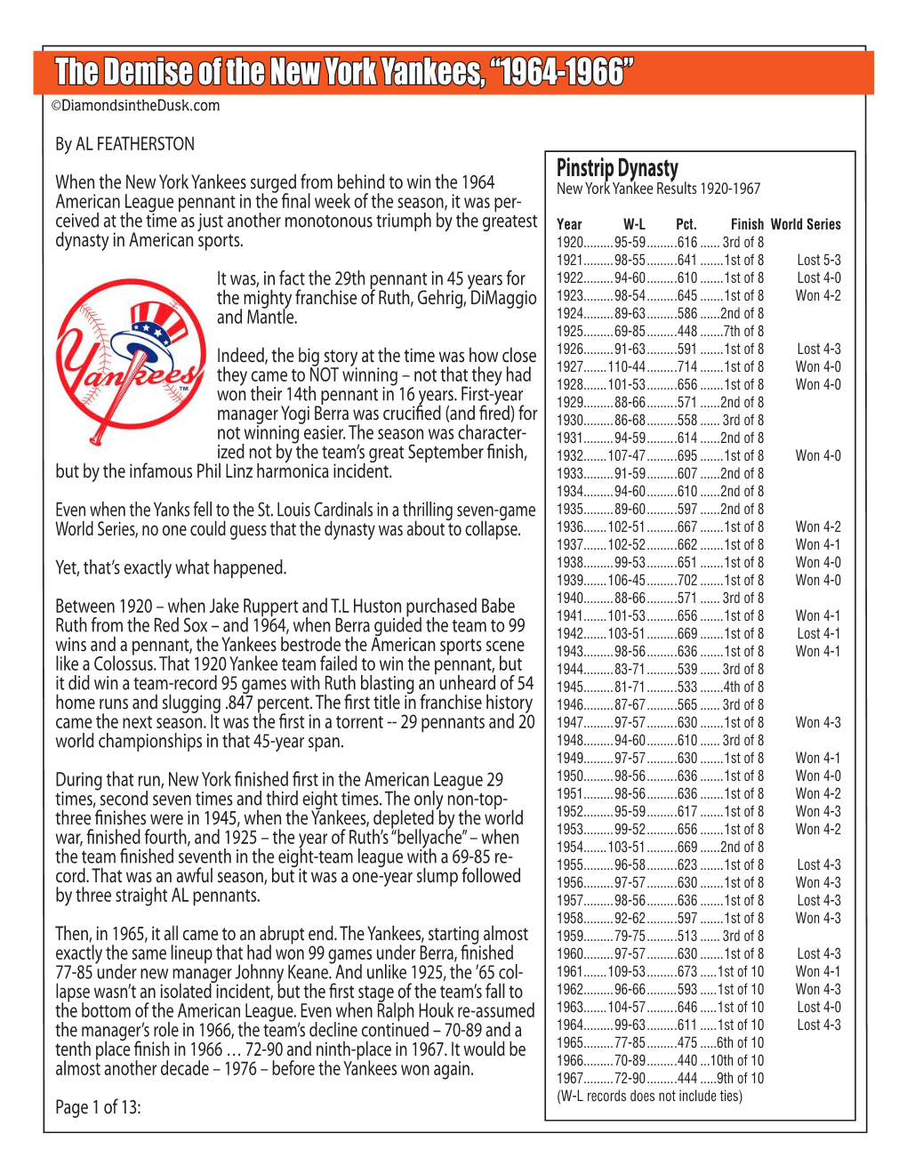 The Demise of the New York Yankees, “1964-1966” ©Diamondsinthedusk.Com