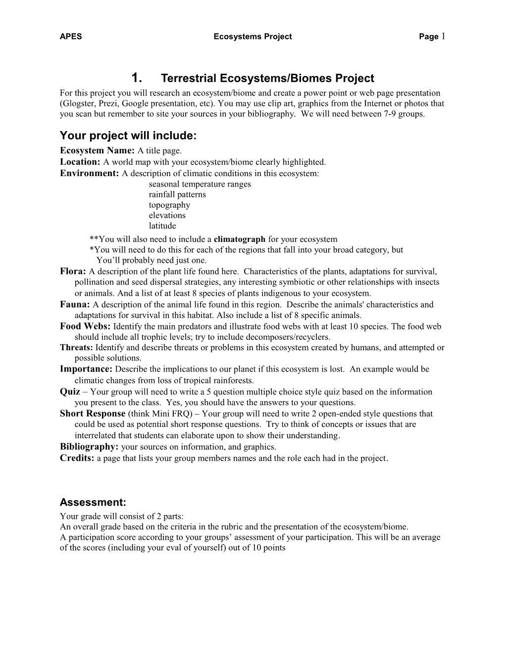 APES Ecosystems Project Page 1