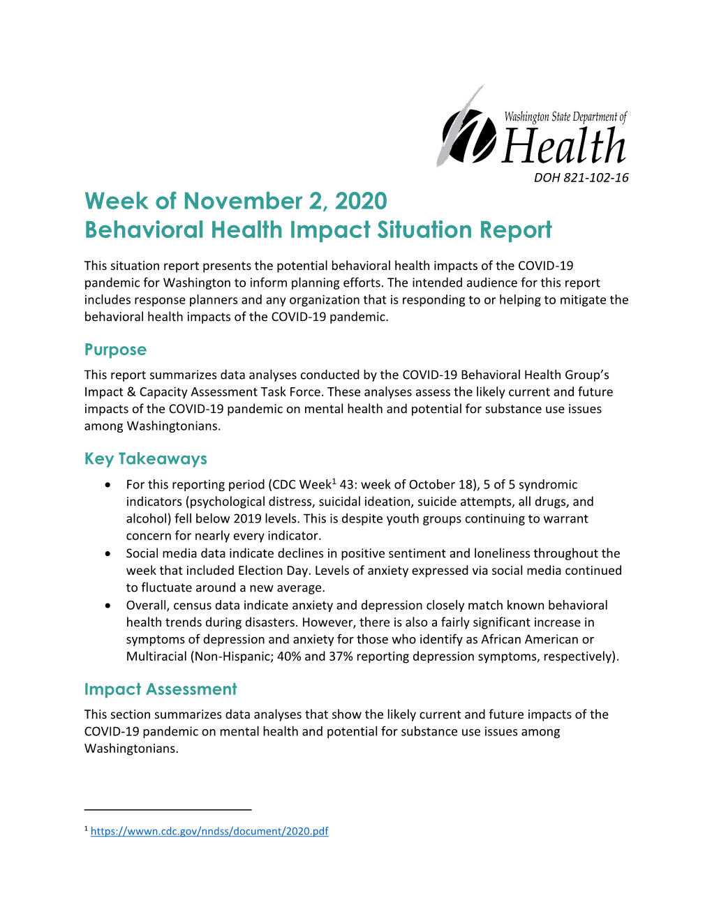 Week of November 2, 2020 Behavioral Health Impact Situation Report