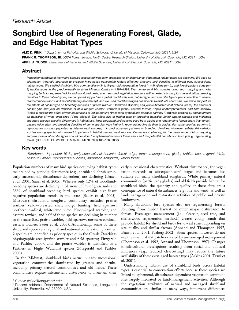 Songbird Use of Regenerating Forest, Glade, and Edge Habitat Types