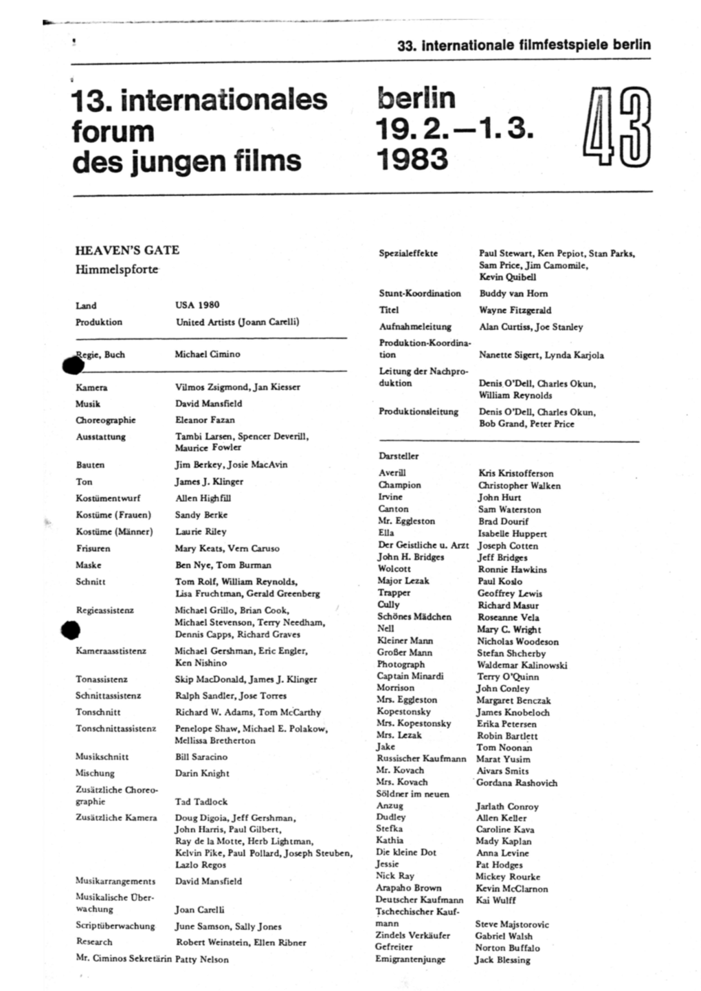 13. Internationales Berlin Forum 19.2.—1.3. Des Jungen Films 1983