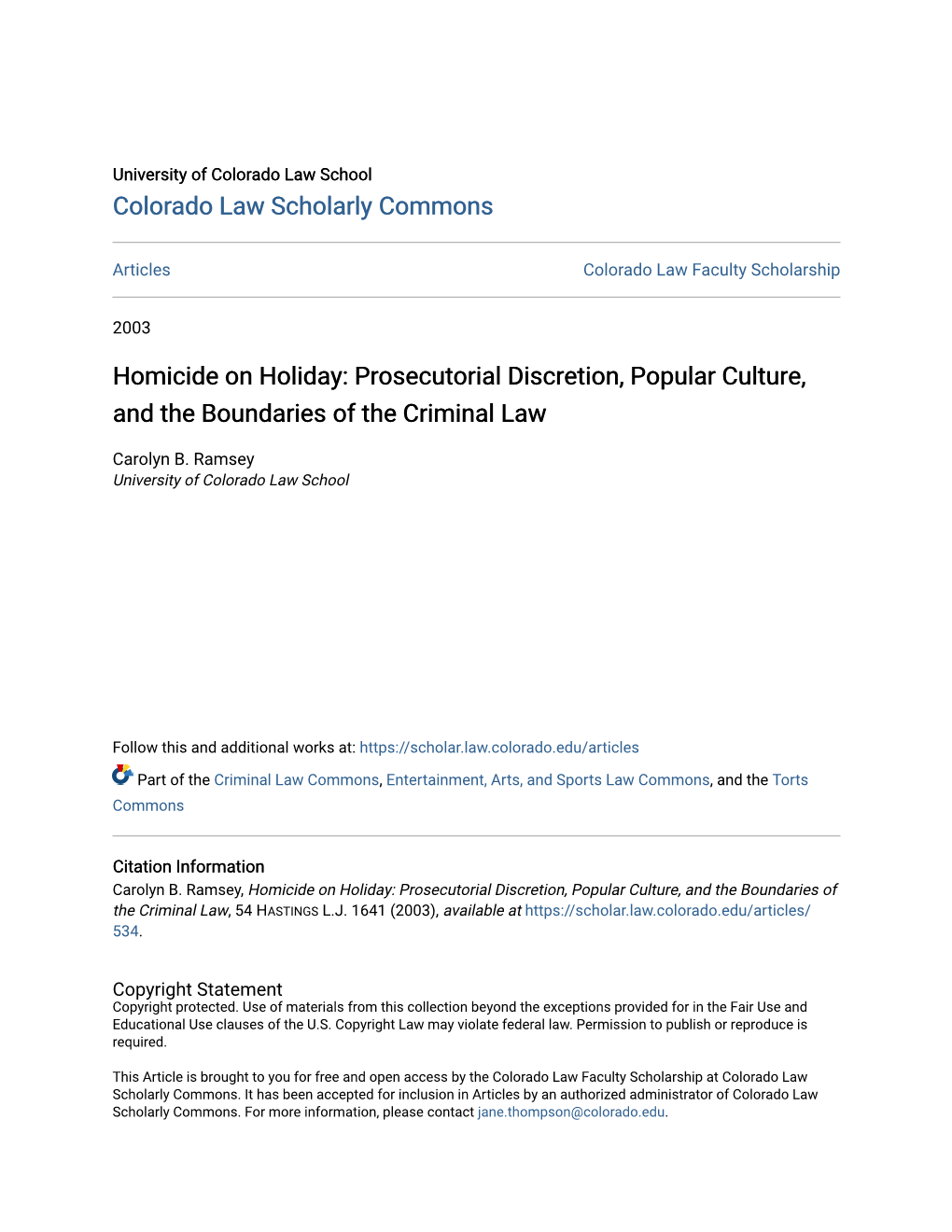 Homicide on Holiday: Prosecutorial Discretion, Popular Culture, and the Boundaries of the Criminal Law