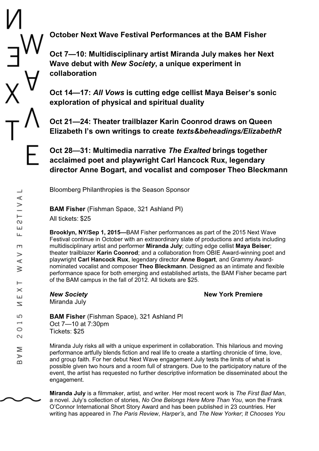 October Next Wave Festival Performances at the BAM Fisher
