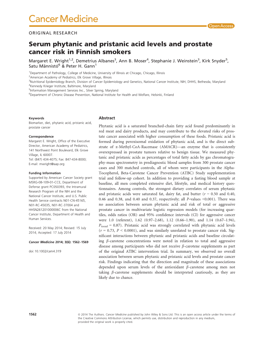 Serum Phytanic and Pristanic Acid Levels and Prostate Cancer Risk in Finnish Smokers