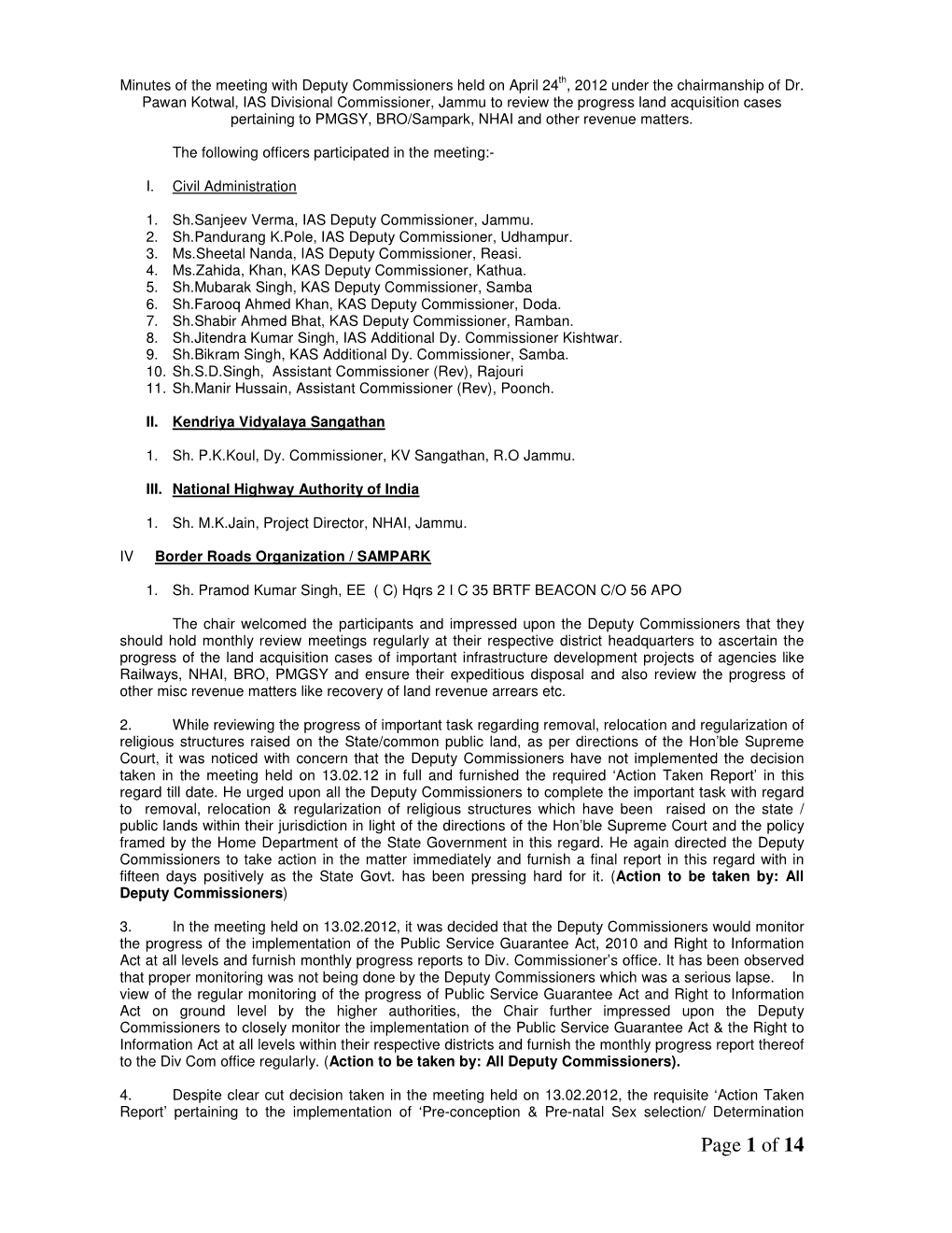 Deputy Commissioner Meeting Minutes 24Th April 2012