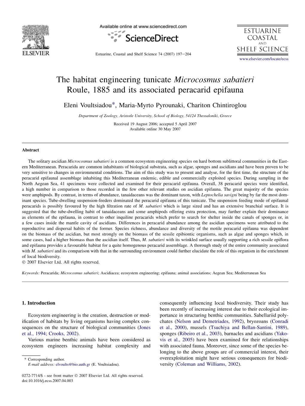 The Habitat Engineering Tunicate Microcosmus Sabatieri Roule, 1885 and Its Associated Peracarid Epifauna