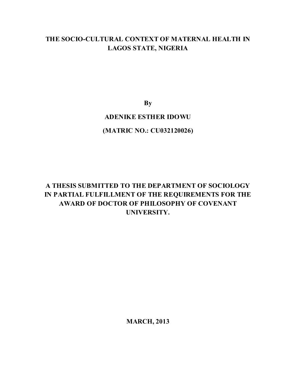 The Socio-Cultural Context of Maternal Health in Lagos State, Nigeria