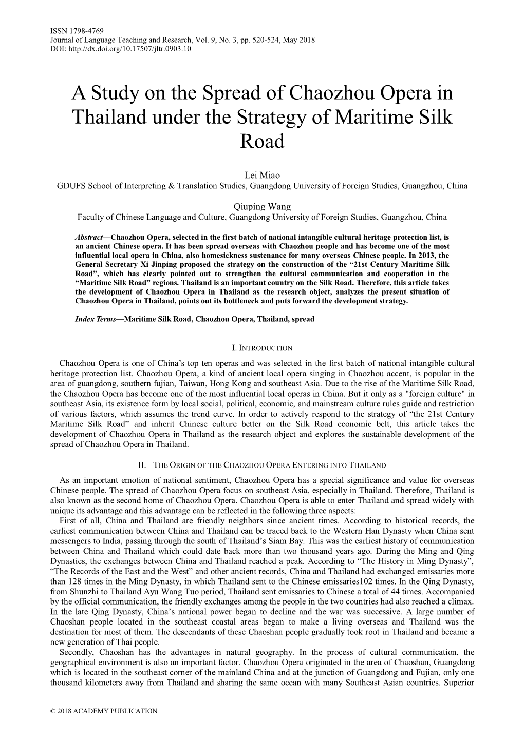 A Study on the Spread of Chaozhou Opera in Thailand Under the Strategy of Maritime Silk Road