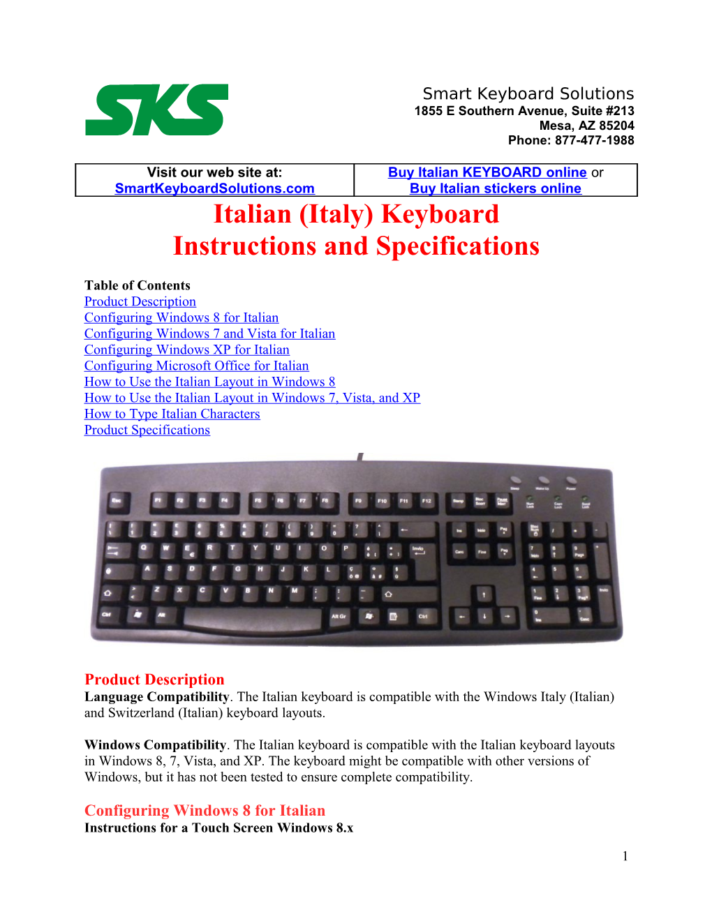 Italian (Italy) Keyboard Instructions and Specifications