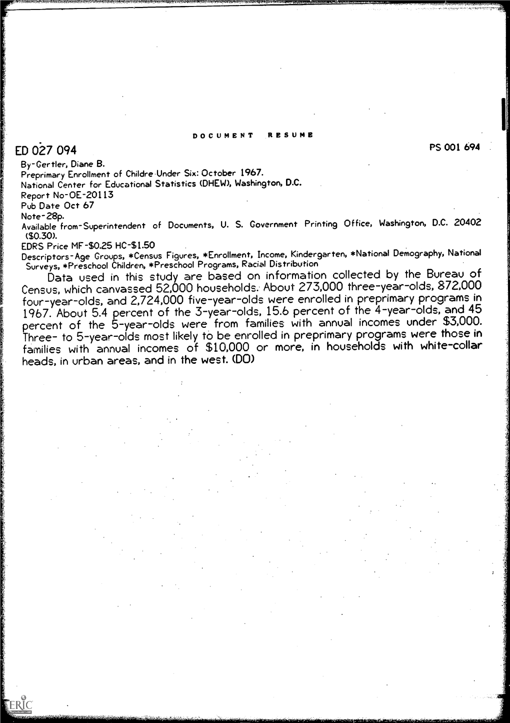 DOCUMENT RESUME ED 027 094 PS 001 694 By-Gertler, Diane B