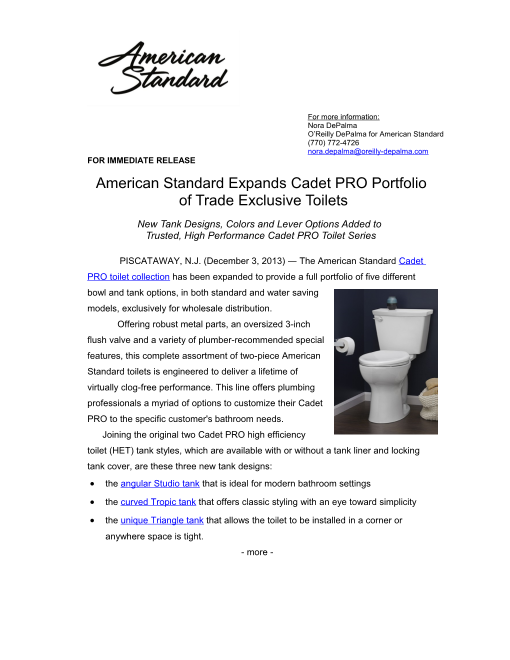 American Standard Expands Cadet PRO Portfolioof Trade Exclusive Toilets 1-1-1