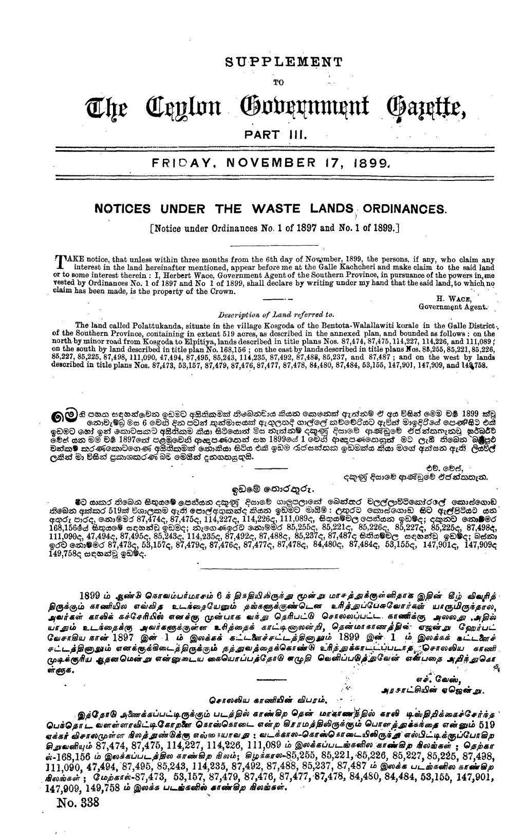 Friday, November 17, 1899. Notices Under the Waste Lands Ordinances. Part Iii