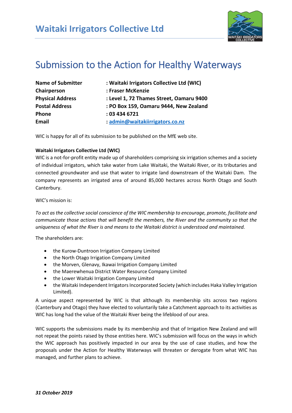 WIC Submission to the Action for Healthy Waterways