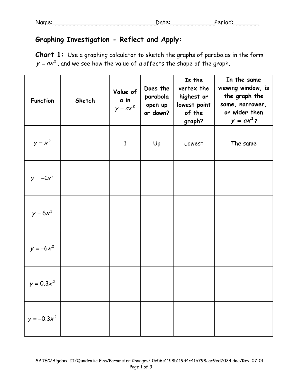 Graphing Investigation - Reflect and Apply