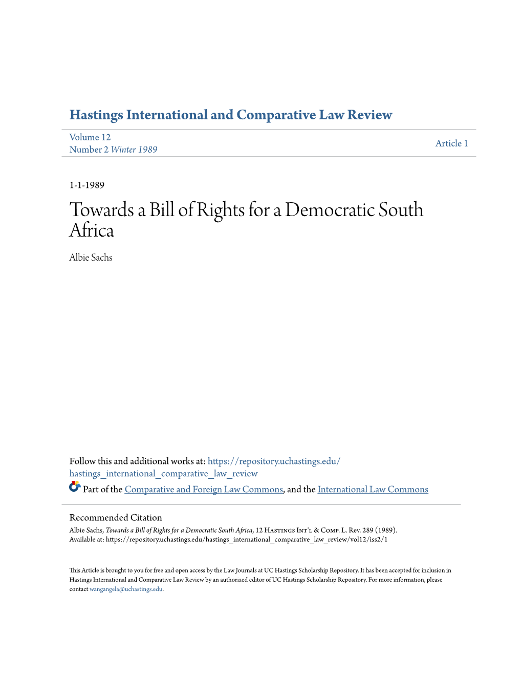 Towards a Bill of Rights for a Democratic South Africa Albie Sachs