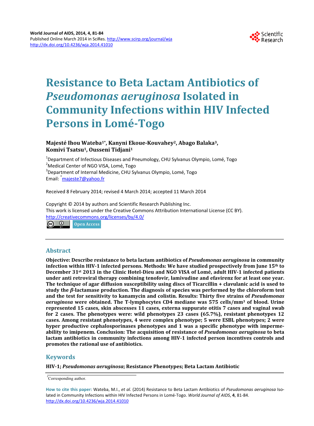 Resistance to Beta Lactam Antibiotics of Pseudomonas Aeruginosa Isolated in Community Infections Within HIV Infected Persons in Lomé-Togo