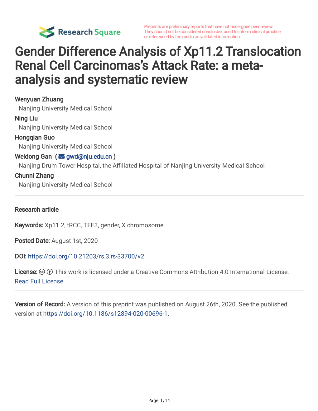 Gender Difference Analysis of Xp11.2 Translocation Renal Cell Carcinomas’S Attack Rate: a Meta- Analysis and Systematic Review