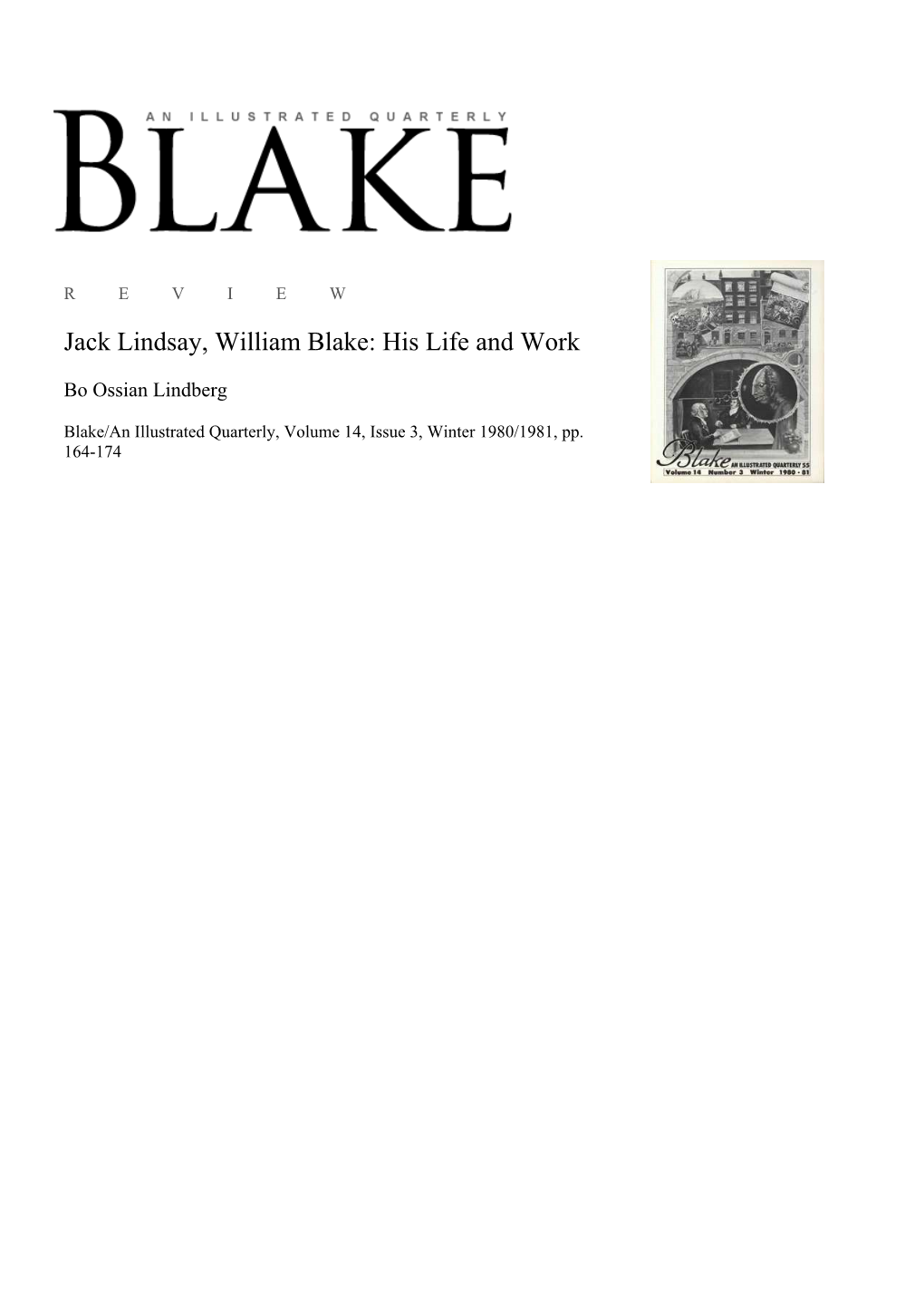 Jack Lindsay, William Blake: His Life and Work