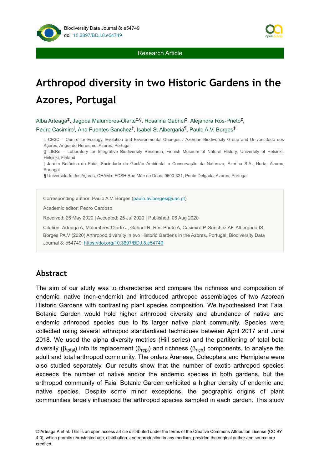 Arthropod Diversity in Two Historic Gardens in the Azores, Portugal