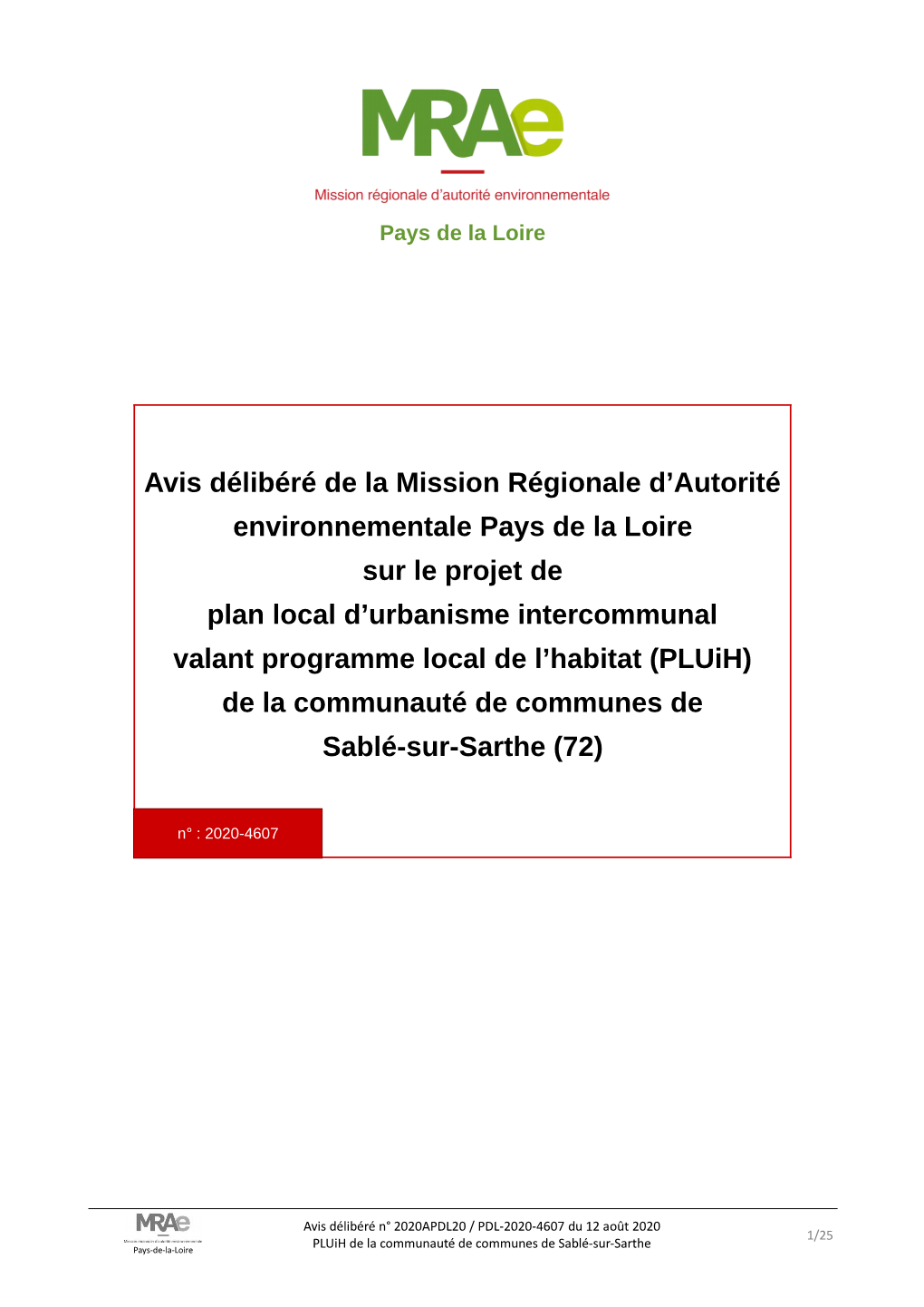 Avis Délibéré De La Mission Régionale D'autorité Environnementale Pays De La Loire Sur Le Projet De Plan Local D'urbani