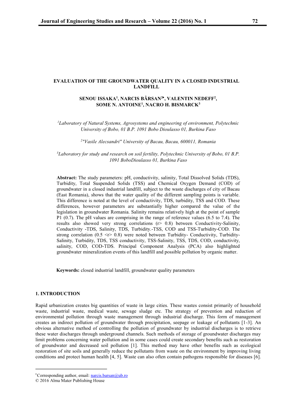 Journal of Engineering Studies and Research – Volume 22 (2016) No