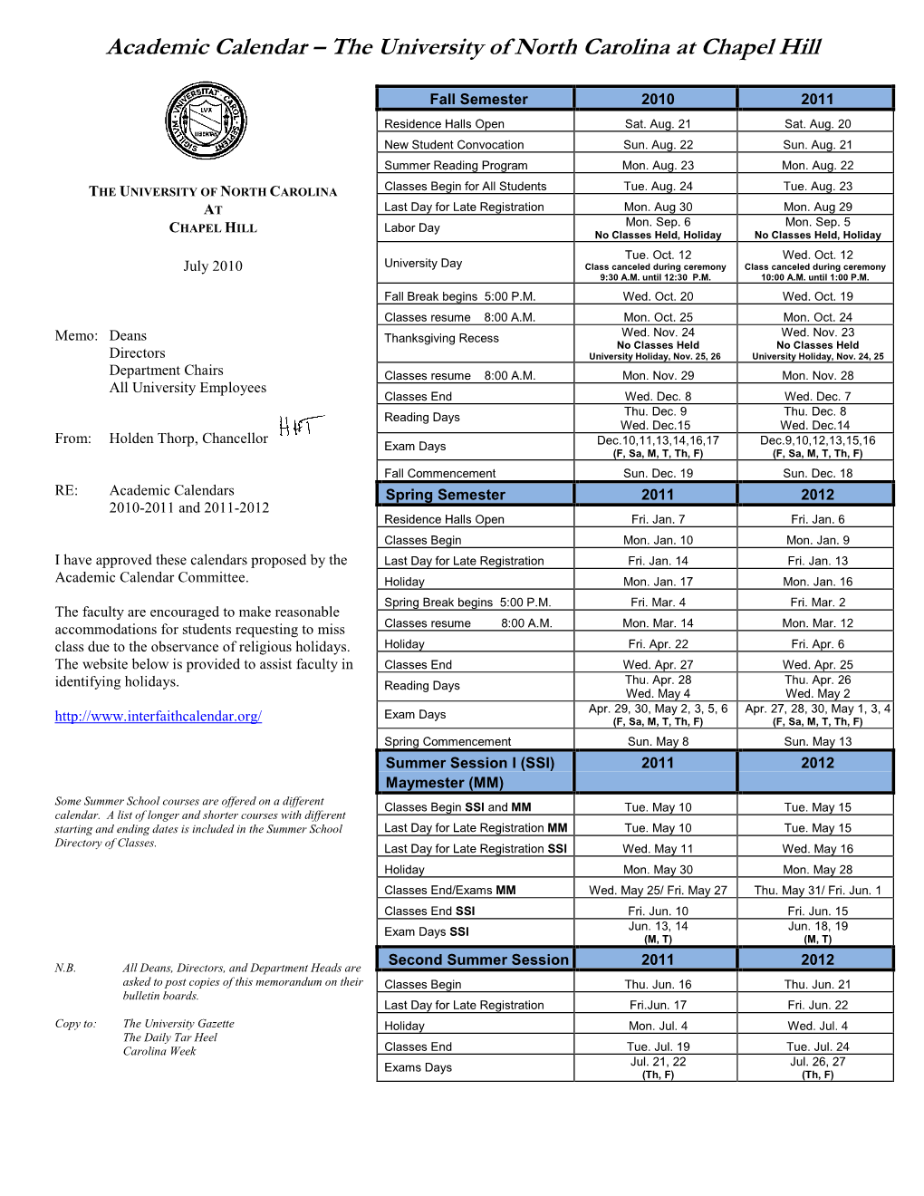 Academic Calendar – the University of North Carolina at Chapel Hill