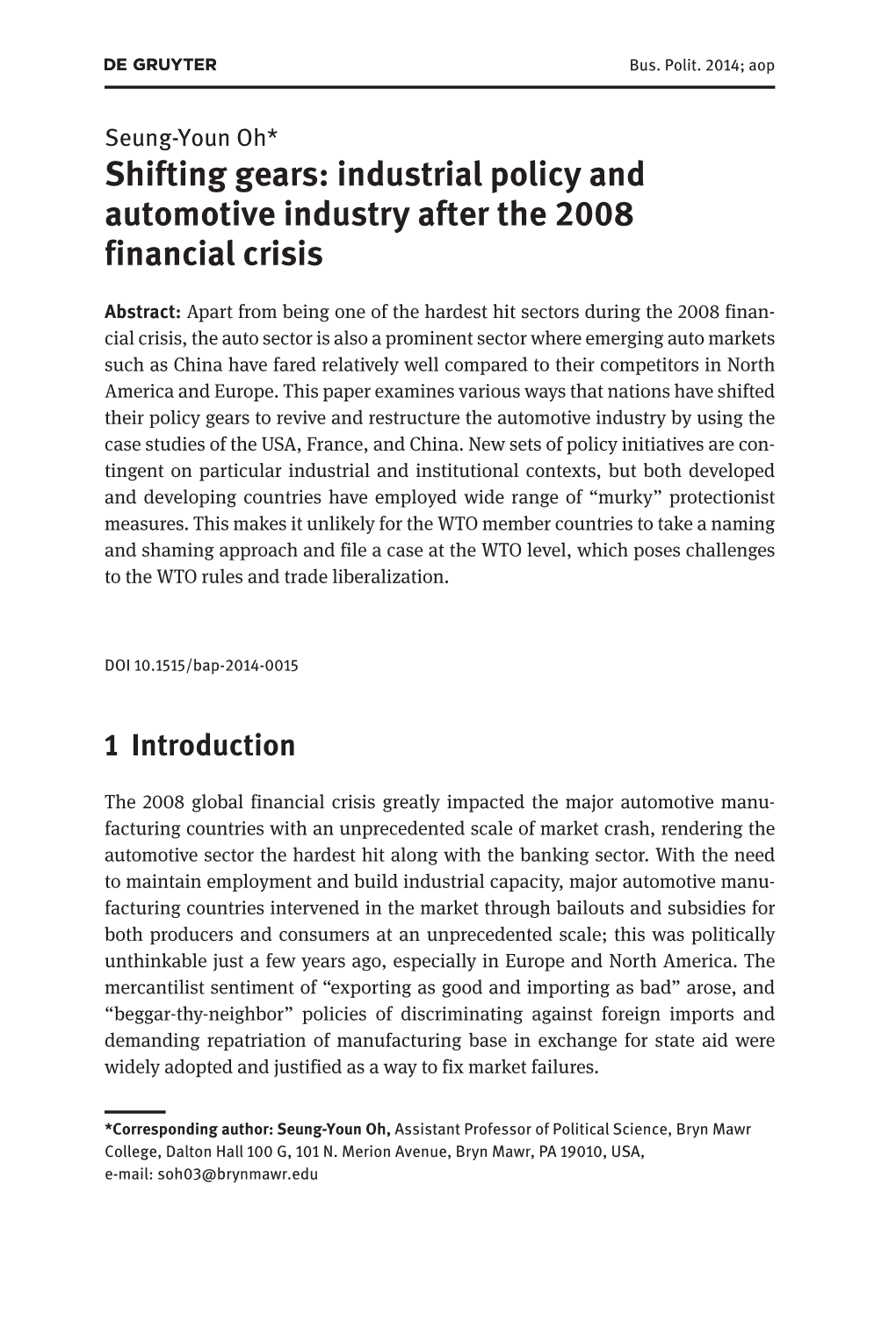 Shifting Gears: Industrial Policy and Automotive Industry After the 2008 Financial Crisis