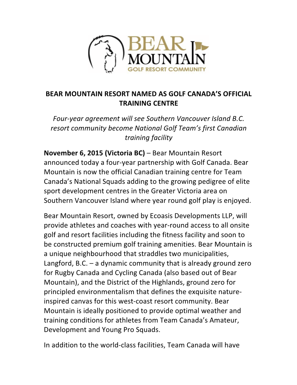 Bear Mountain Resort Named As Golf Canada's