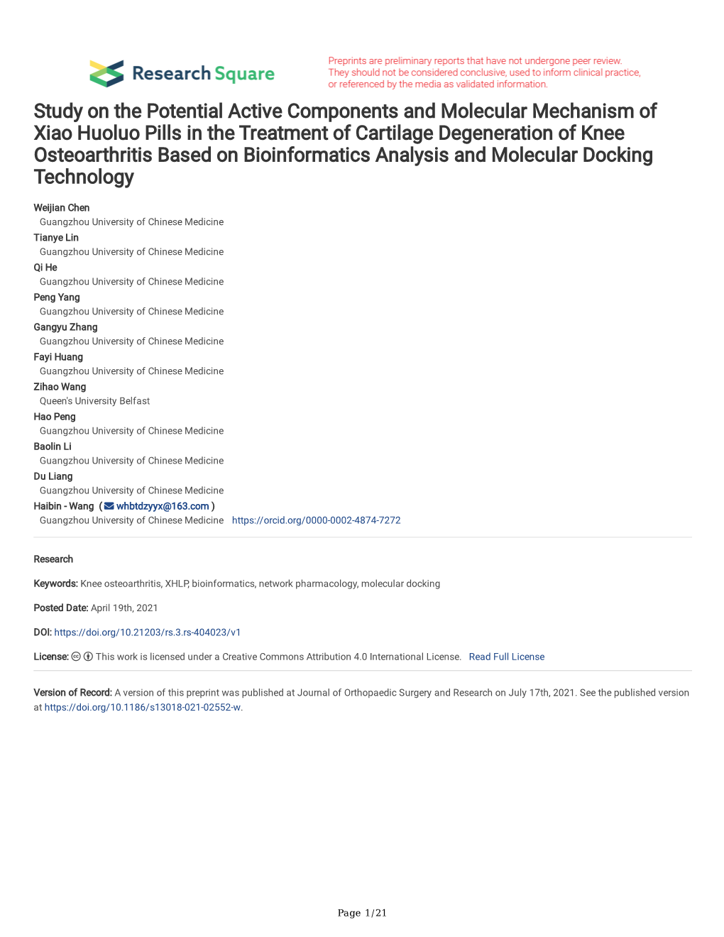 Study on the Potential Active Components