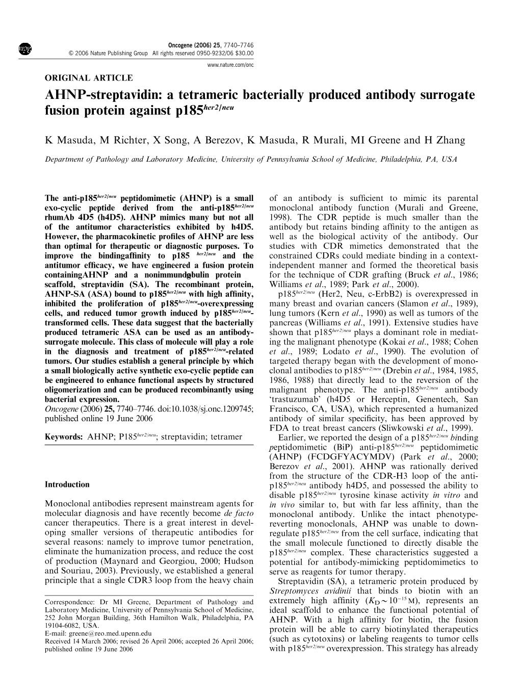 AHNP-Streptavidin: a Tetrameric Bacterially Produced Antibody Surrogate Fusion Protein Against P185her2/Neu