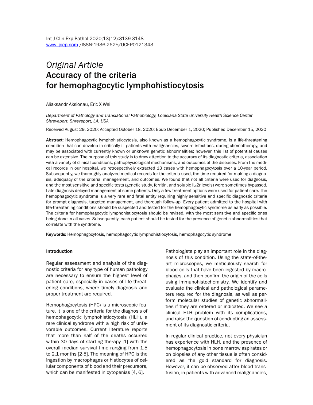Original Article Accuracy of the Criteria for Hemophagocytic Lymphohistiocytosis