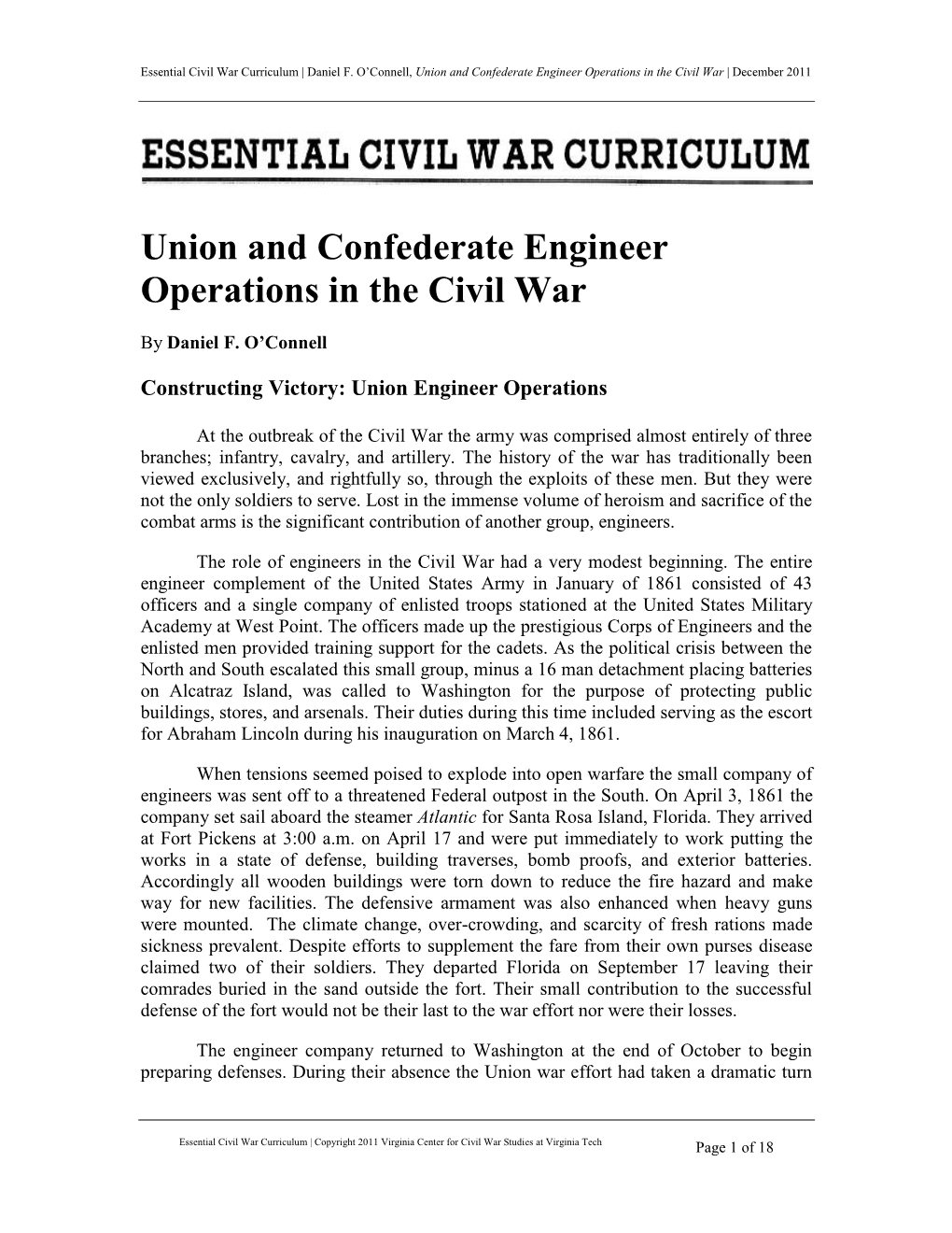 Union and Confederate Engineer Operations in the Civil War | December 2011