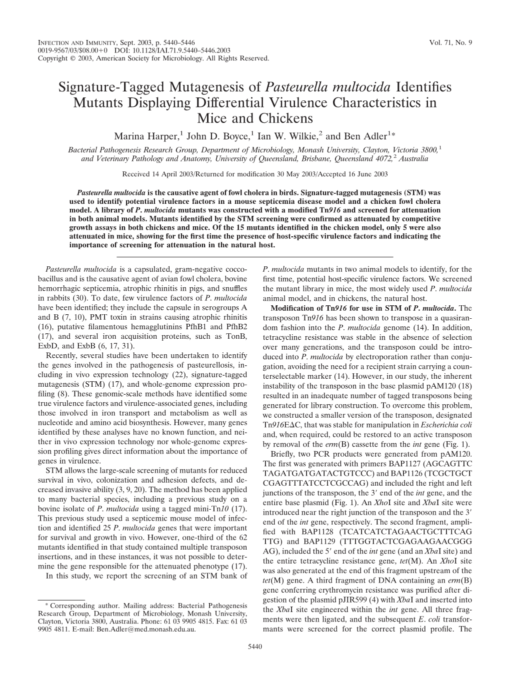 Signature-Tagged Mutagenesis of Pasteurella Multocida Identifies