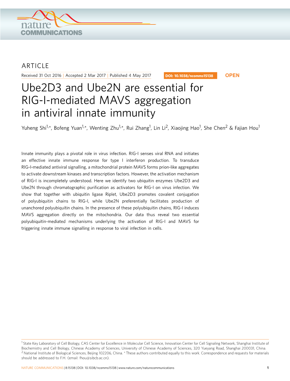 Ube2d3 and Ube2n Are Essential for RIG-I-Mediated MAVS Aggregation in Antiviral Innate Immunity