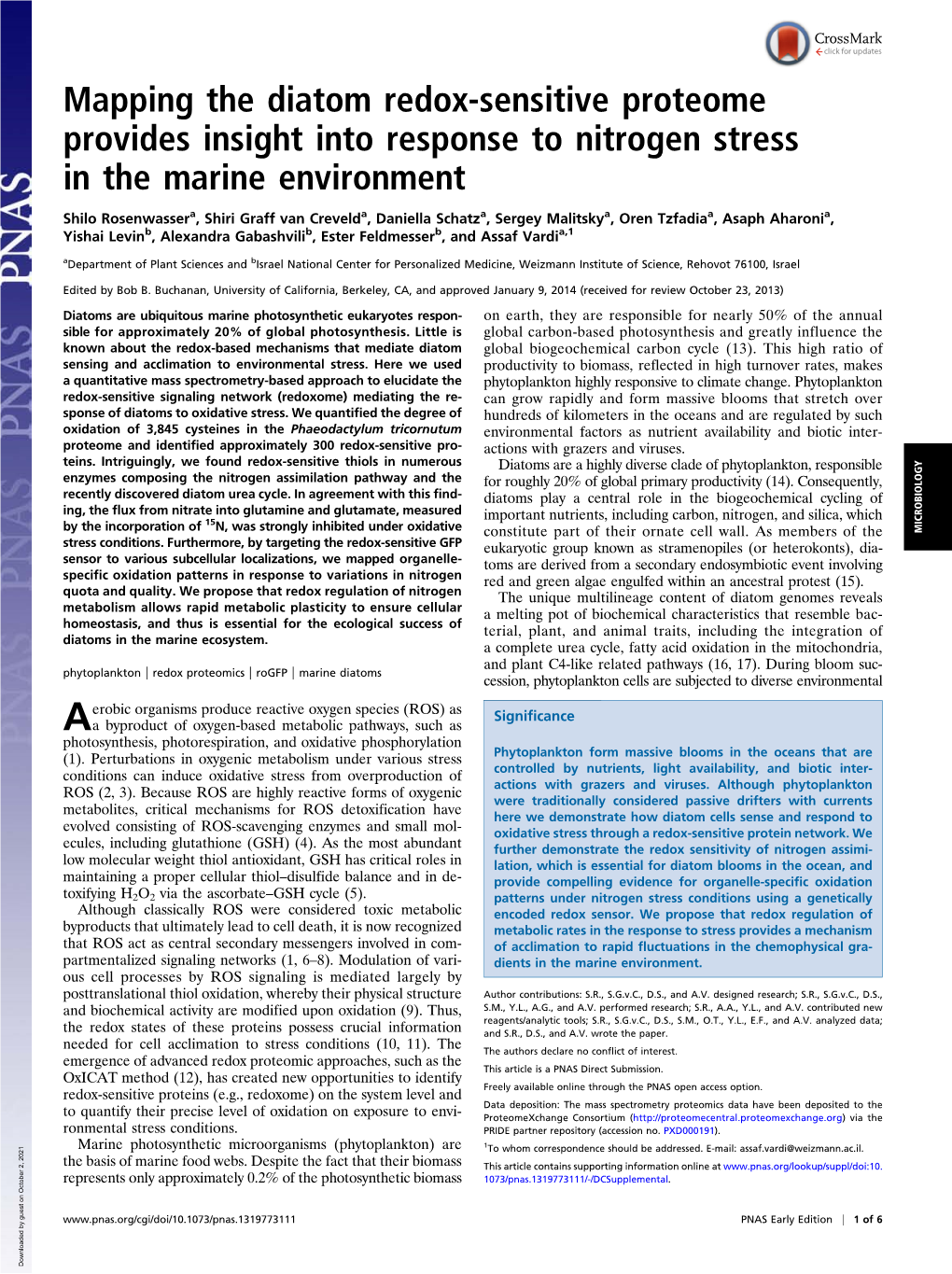 Mapping the Diatom Redox-Sensitive Proteome Provides Insight Into Response to Nitrogen Stress in the Marine Environment