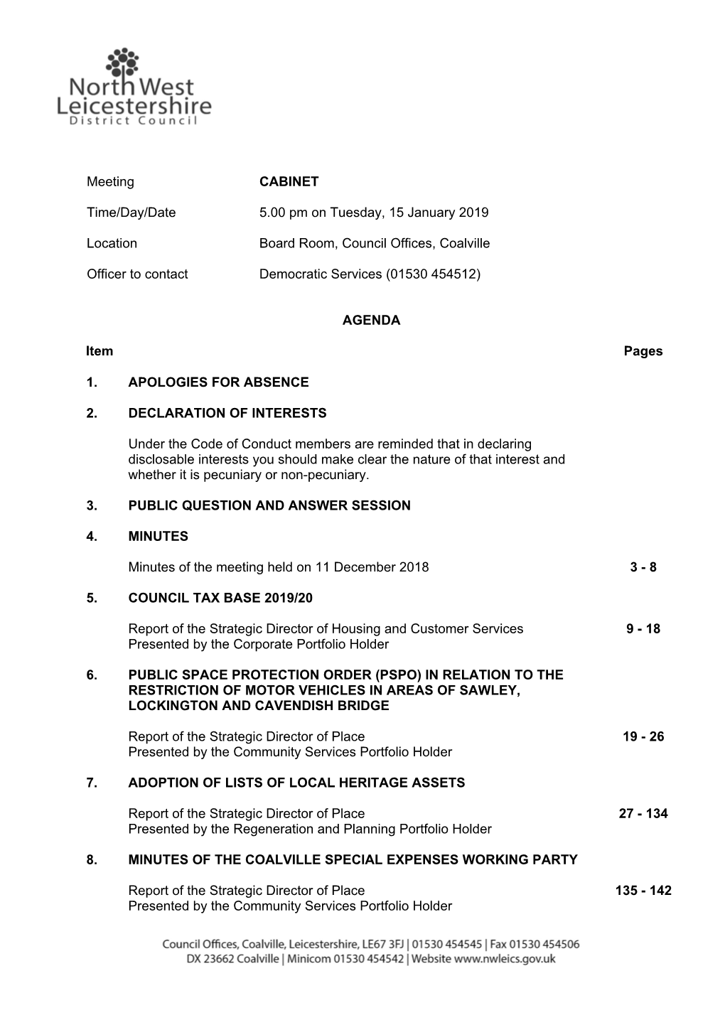 (Public Pack)Agenda Document for Cabinet, 15/01/2019 17:00