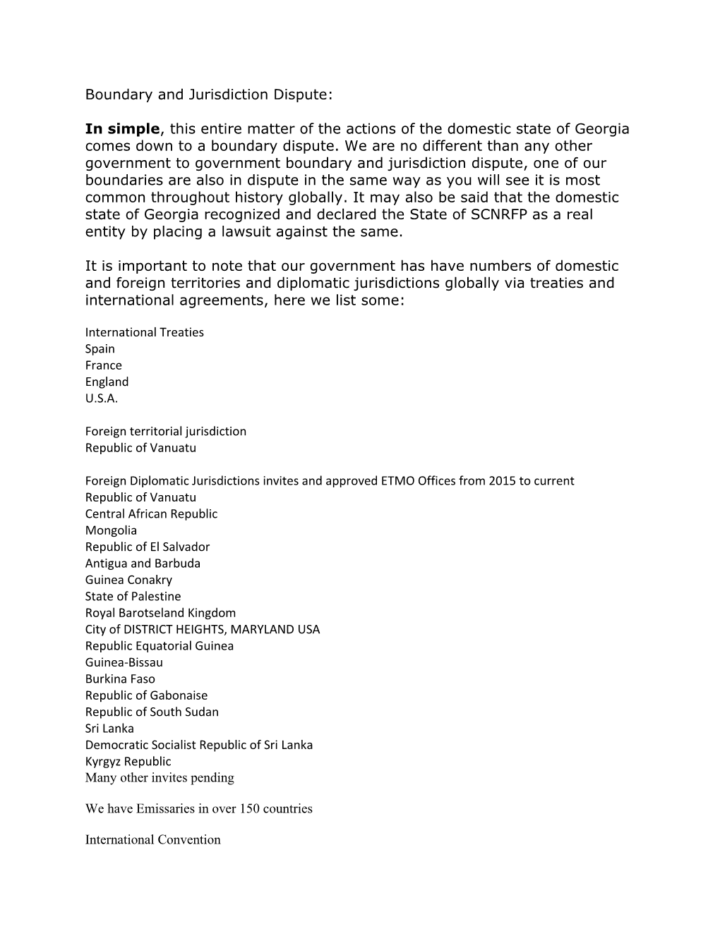 Territories Globally Via Treaties and International Agreements