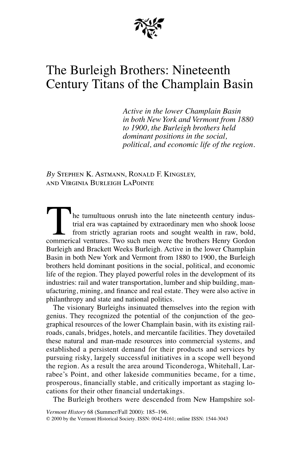 The Burleigh Brothers: Nineteenth Century Titans of the Champlain Basin