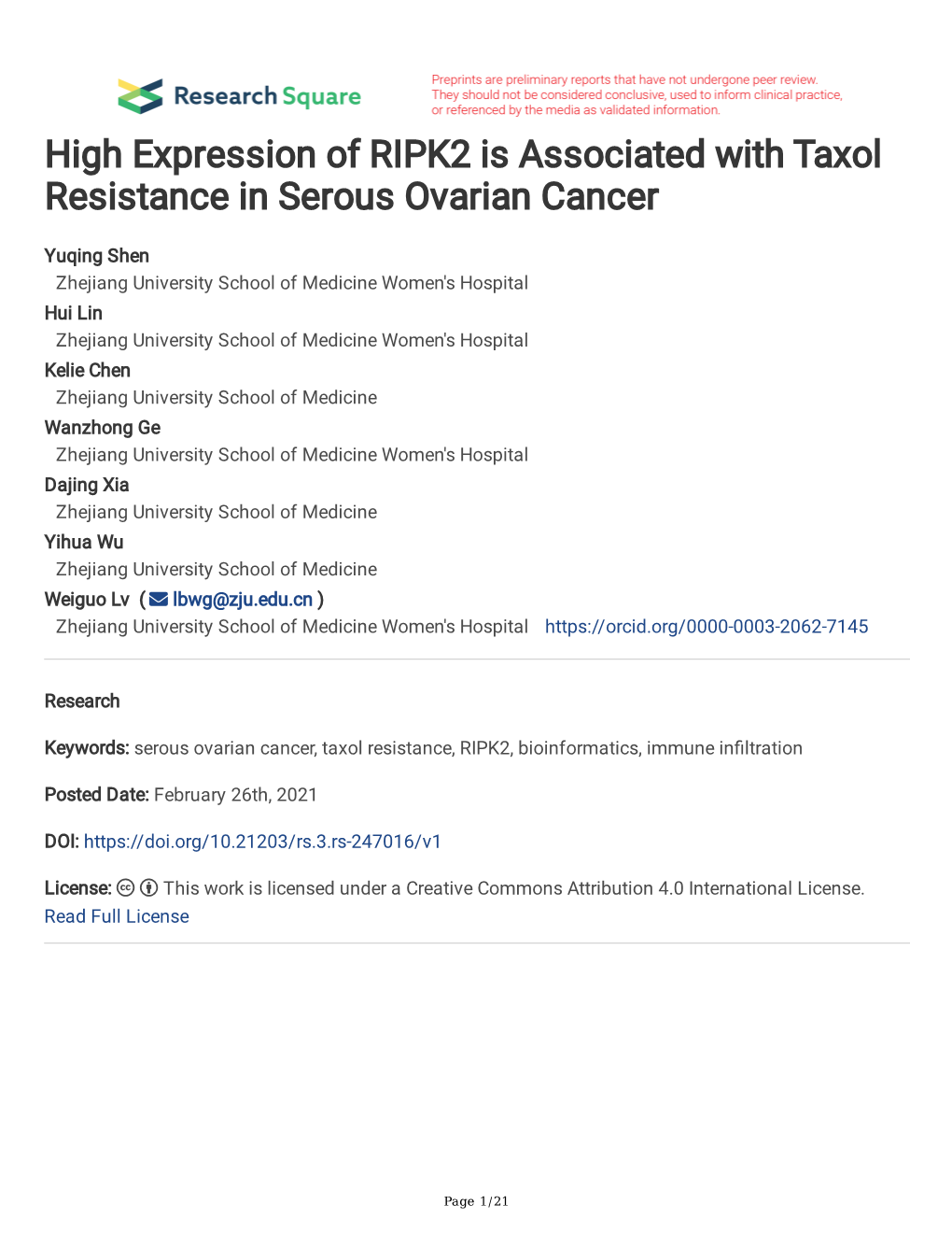 High Expression of RIPK2 Is Associated with Taxol Resistance in Serous Ovarian Cancer