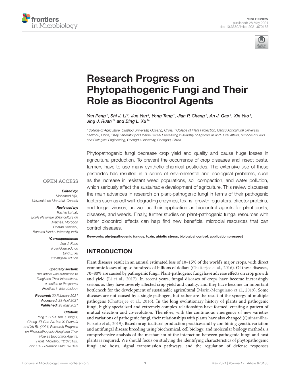 Research Progress on Phytopathogenic Fungi and Their Role As Biocontrol Agents