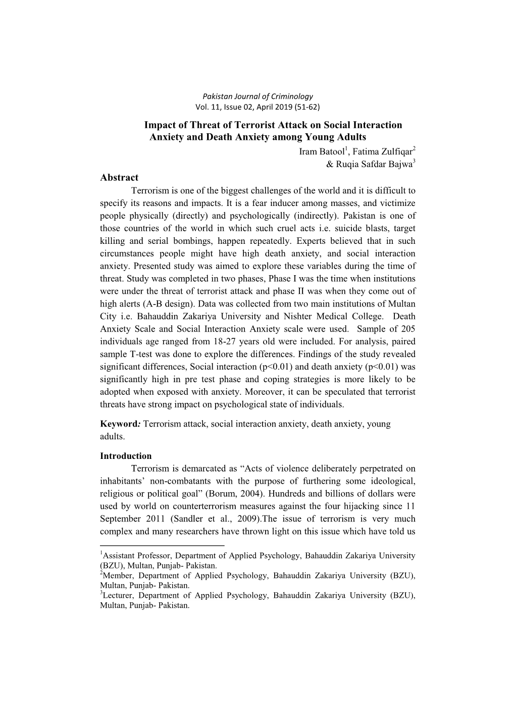 Impact of Threat of Terrorist Attack on Social Interaction Anxiety and Death Anxiety Among Young Adults Abstract